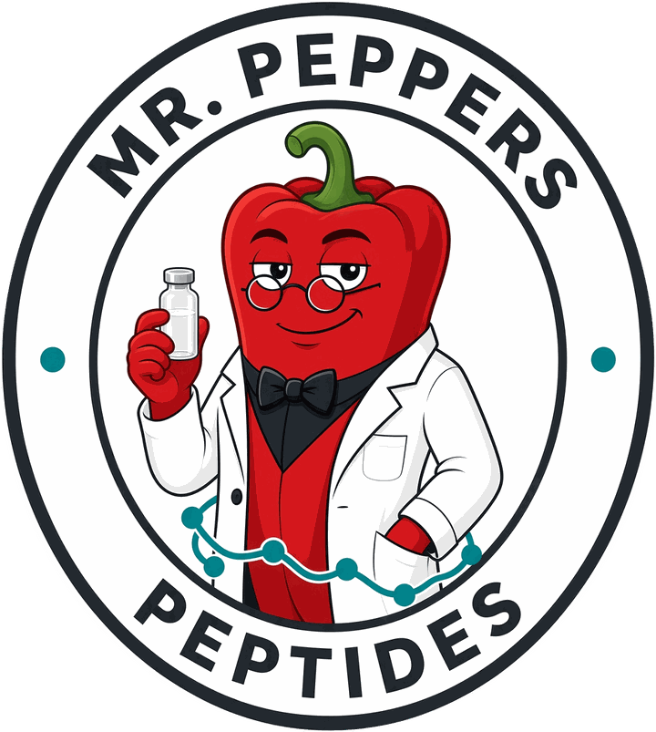 Mr. Peppers Peptides logo: a red pepper in a lab coat and round glasses, holding a vial